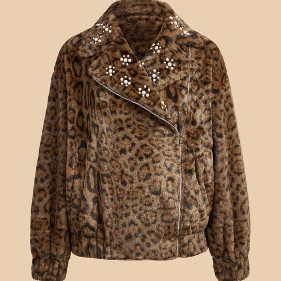 Brown Women's Leopard Print Faux Fur beaded detailed Collar Zip up Short Jacket - Picture 10 of 10